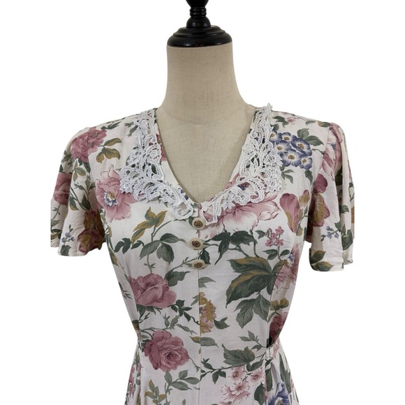 Vtg 90s En Focus Floral Cottagecore Dress Lace Trim Sz 3/4 Midi Prairie‎ - Picture 2 of 8